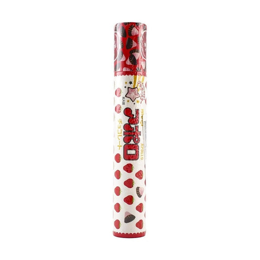 Front view of the MEIJI Strawberry Chocolate Tubes 83g package, shown sealed in a vertical tube shape against a white background with strawberry-themed graphics and branding.