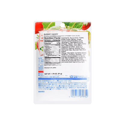 Back view of the MEIJI Elastic Plus Strawberry Gummy pouch, displayed upright and sealed in a portrait layout on a white background.