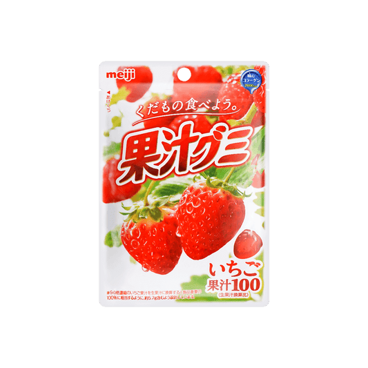 Front-facing view of the MEIJI Fruit Juice Elastic Plus Strawberry Gummy pouch, shown sealed in a portrait orientation against a white background.