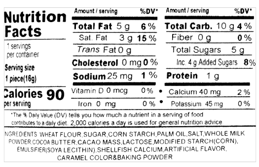 A close-up zoomed image of the Meito Puku Puku Taiyaki nutritional label, clearly showing the full ingredient and nutrition panel on the product’s packaging.