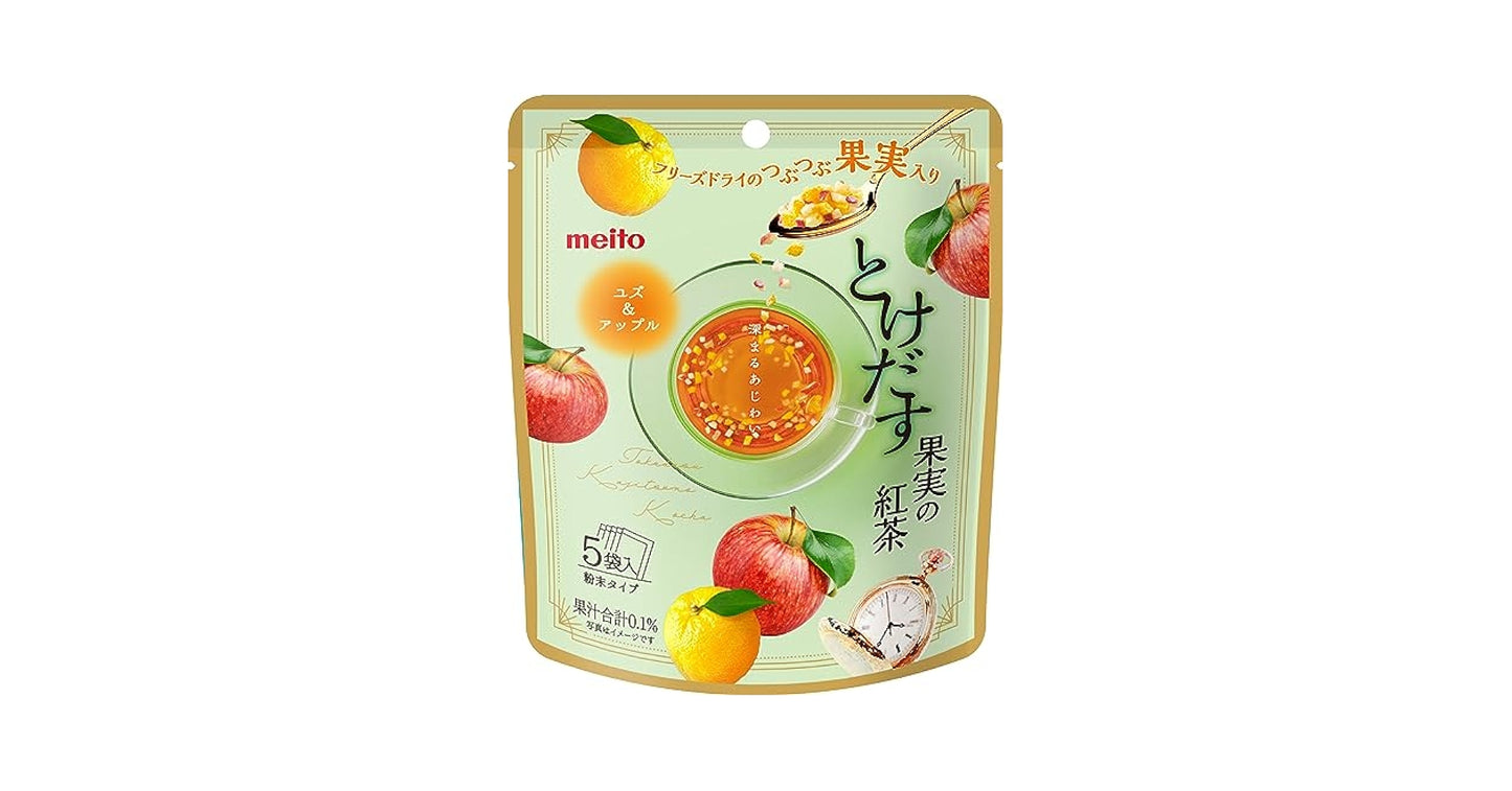 A front-facing view of the MEITO Yuzu Apple powdered fruit tea pouch, shown sealed and upright on a white background, displaying the citrus and apple flavor design clearly.