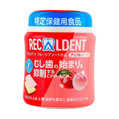 Front-facing portrait image of the Mondelez Recaldent Apple & Peach Flavor Gum plastic jar, fully sealed, with the fruity design clearly visible against a white background.