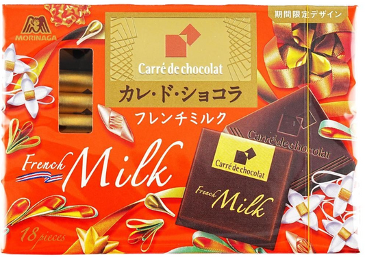 Front-facing landscape image of the closed Morinaga Carre De Chocolat French Milk 88.2g box, shown flat with full packaging graphics on a clean white background.