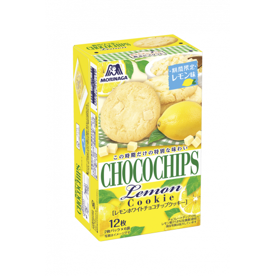 Front view of the MORINAGA Choco Chips Lemon Cookie 12pcs box, shown closed and upright in portrait orientation against a clean white background.