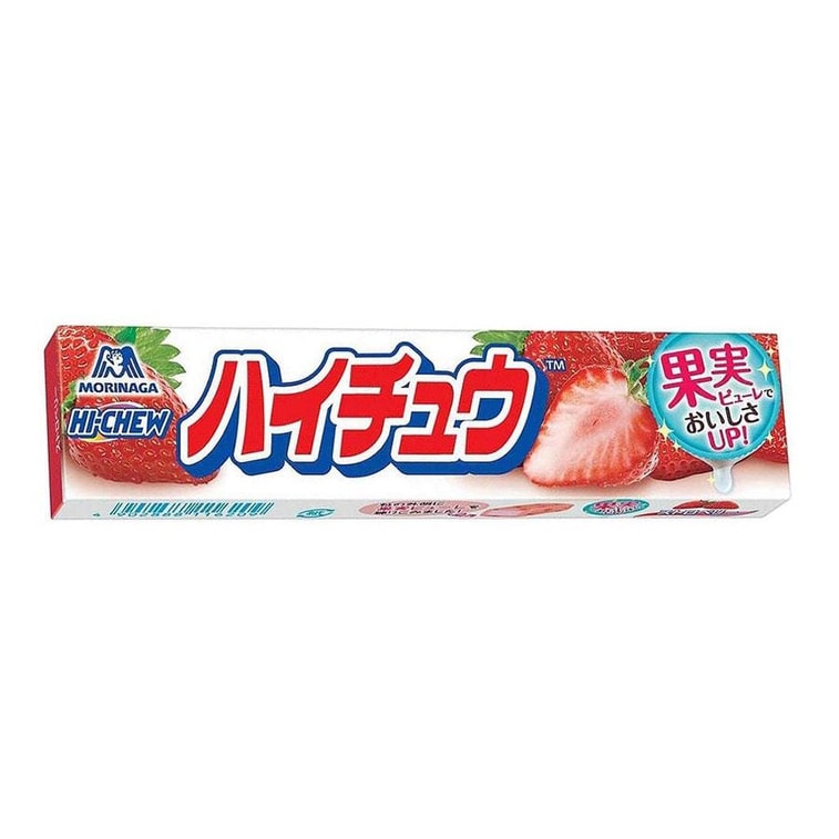 Front-facing image of the MORINAGA Hi-Chew Strawberry Flavor 12-tablet candy box, sealed and upright with the complete strawberry design visible against a clean white background.