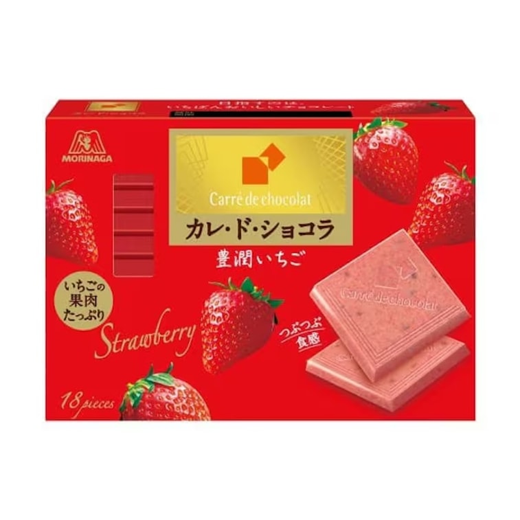 Front-facing landscape image of the MORINAGA Strawberry Chocolate 18 Pieces box, shown closed with full front graphics featuring strawberry and chocolate imagery, all clearly visible against a clean white background.