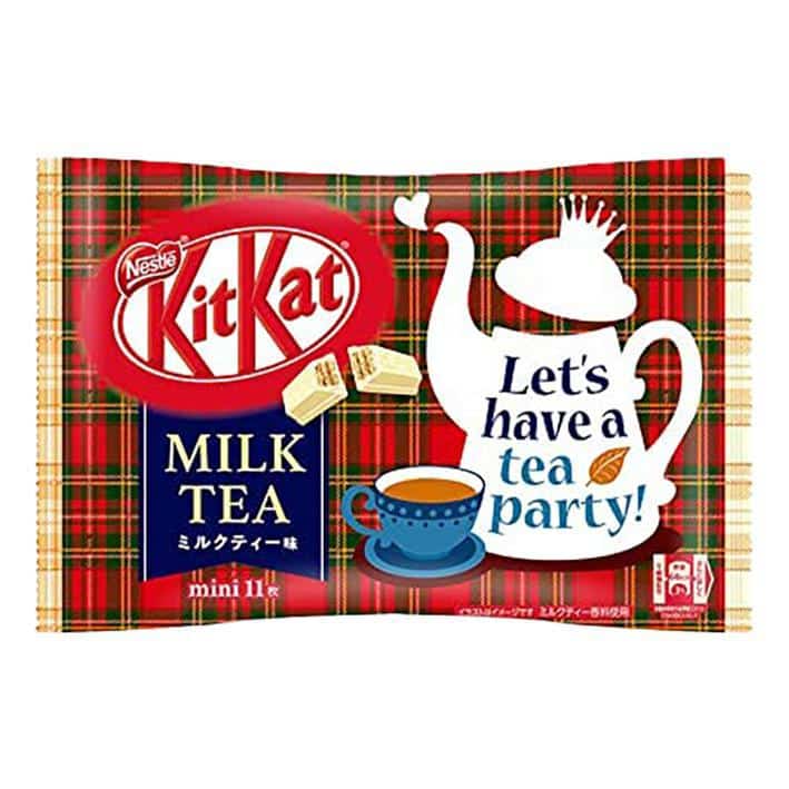 Front view of the NESTLE KitKat Mini Biscuit Milk Tea box, shown closed in a landscape orientation on a white background with milk tea–themed packaging and biscuit wafer imagery.