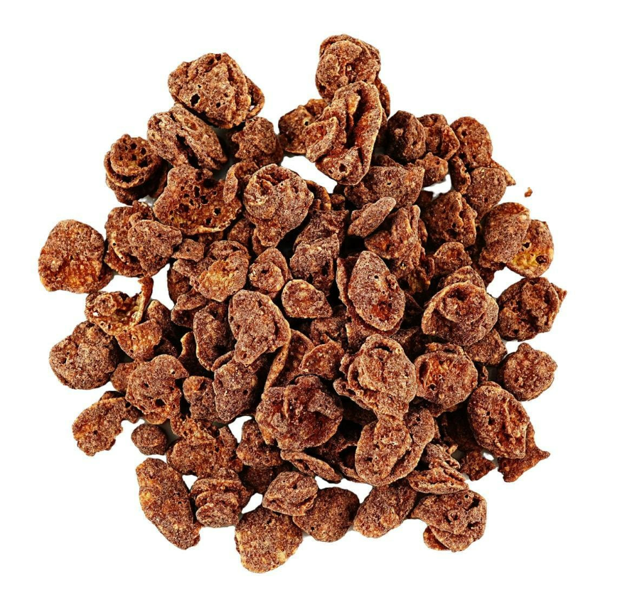 Image showing the NISSIN Cisco Choco Flake Fuafua No Yatsu Chocolate snack outside its packaging, displaying the crispy chocolate-coated flakes clearly.