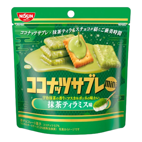 Front-facing image of the NISSIN Coconut Sable Mini Biscuits Matcha Tiramisu 29g bag, shown sealed and upright against a clean white background.