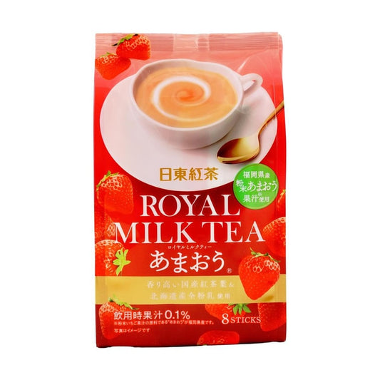 Front-facing portrait image of the NITTOH TEA Royal Milk Tea Strawberry Flavor 3.95 oz bag, shown closed with full front graphics including strawberry imagery and branding clearly visible against a clean white background.
