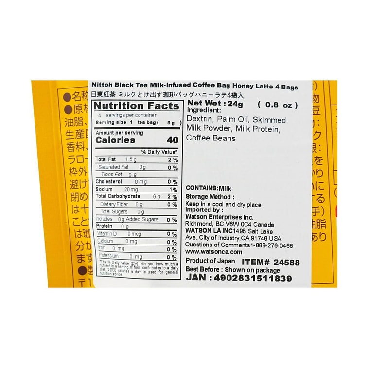 Close-up image of the NITTOH TEA Honey Latte Milk Tea Coffee Bag nutrition label, shown straight-on with clear text on a white background.