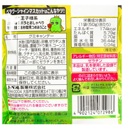 Close-up image of the NOBEL Petagu Shine Muscat gummy nutrition and ingredient label, captured clearly to show detailed product information.