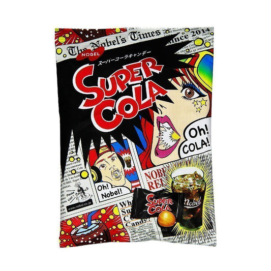 Front-facing portrait of the NOBEL Super Cola Candy 83.6g pouch, closed, showing the entire front design on a flat white background with no reflections.