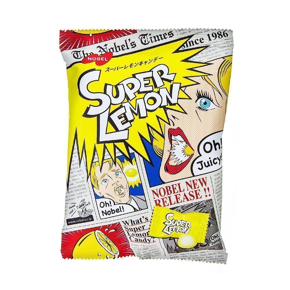 Front-facing portrait of the NOBEL Super Lemon Candy 83.6g pouch, closed, showing the complete front graphics on a clean white background.