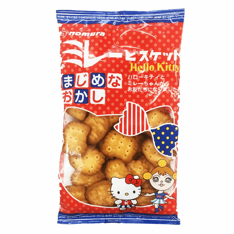 Front-facing view of the Nomura Hello Kitty Millet Biscuit 100g bag, shown upright with full Hello Kitty graphics visible against a clean white background.