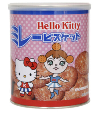 Front-facing view of the Nomura Hello Kitty Millet Biscuit Mini Can 120g, shown upright with full Hello Kitty graphics on a clean white background.