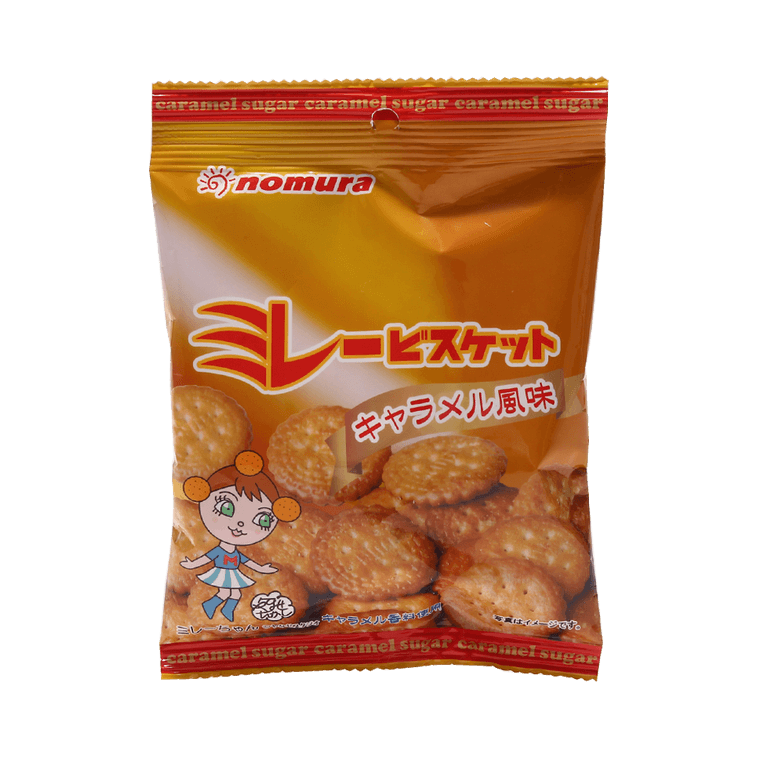 Front-facing view of the Nomura Millet Biscuits Caramel 70g bag, shown upright with full graphics visible on a clean white background.