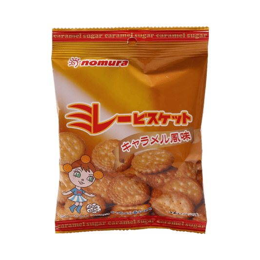 Front-facing view of the Nomura Millet Biscuits Caramel 70g bag, shown upright with full graphics visible on a clean white background.