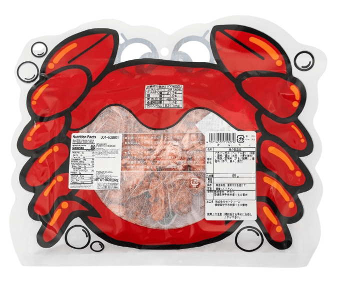 Back view of the OKABE Seasoned Crab Snack package, showing product information, ingredients, and nutritional text against a white backdrop.