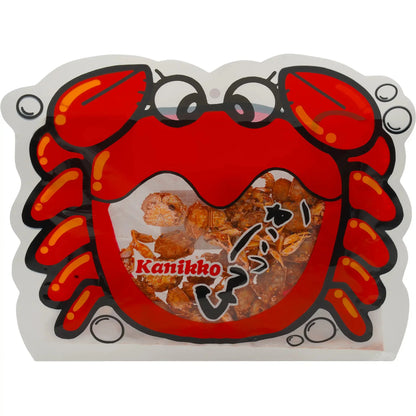 Front-facing view of the OKABE Seasoned Crab Snack bag, sealed and upright with crab-themed graphics and branding on a clean white background.