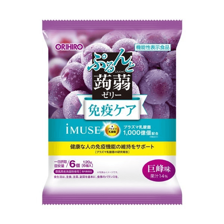 Front-facing view of the ORIHIRO grape konjac jelly pack, sealed and standing upright with clear branding and flavor details on a white background.