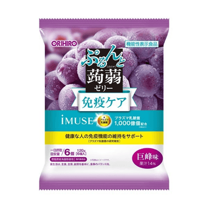 Front-facing view of the ORIHIRO grape konjac jelly pack, sealed and standing upright with clear branding and flavor details on a white background.