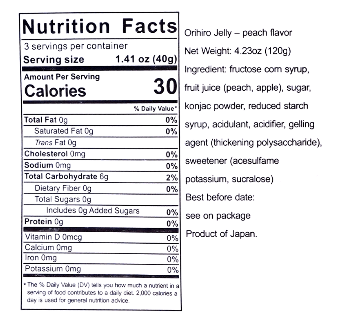 Close-up of the nutrition label on the Orihiro Jelly Peach Flavor packaging, photographed clearly against a white background.