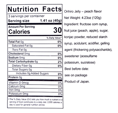 Close-up of the nutrition label on the Orihiro Jelly Peach Flavor packaging, photographed clearly against a white background.