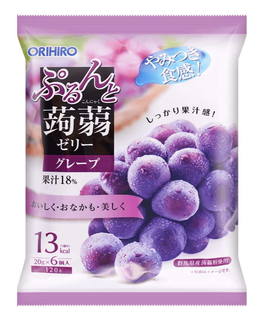 Front-facing view of the Orihiro Konjac Jelly Red Grape Flavor 6pcs 120g bag, shown closed in portrait orientation against a clean white background.
