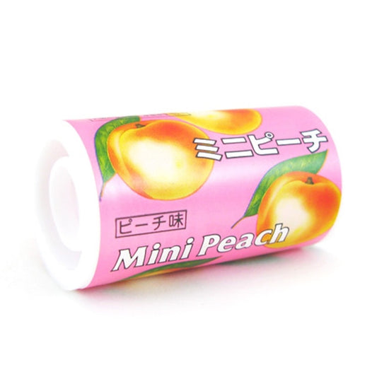 Front-facing ORION Japan Mini Peach Candy in its 9g retro-style bottle, shown closed and centered in a landscape image on a clean white background with the full label and graphics visible.