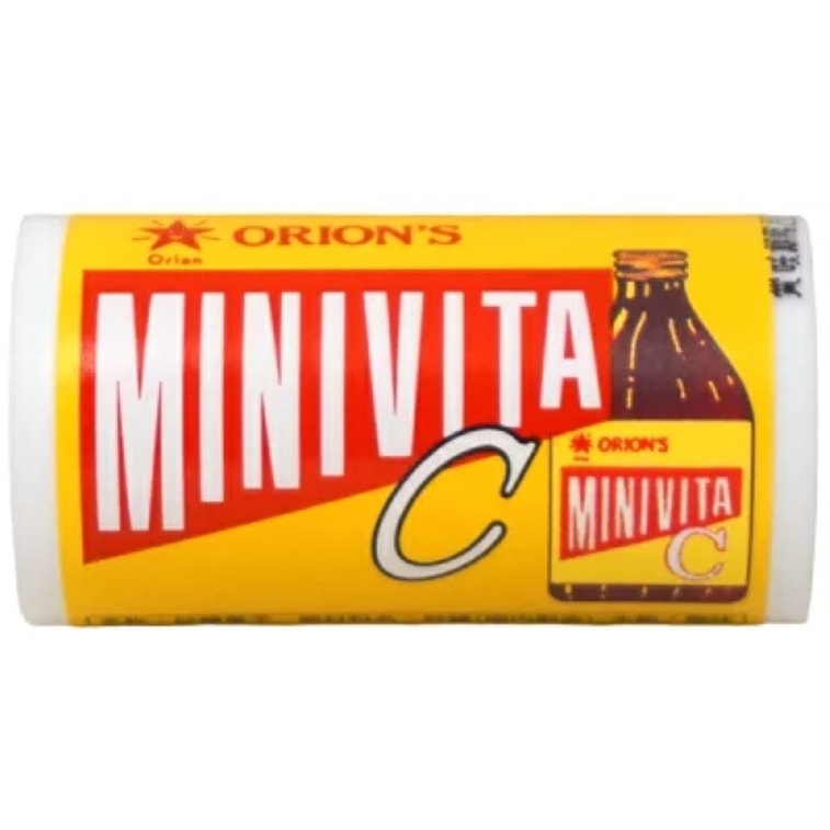 Front-facing ORION Japan Mini Vita-C Candy tin in a 9g size, shown closed in a landscape view against a clean white background with all graphics and label details clearly visible.