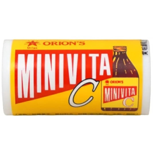 Front-facing ORION Japan Mini Vita-C Candy tin in a 9g size, shown closed in a landscape view against a clean white background with all graphics and label details clearly visible.