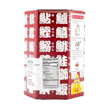 Straight-on close-up of the nutrition label from the Otsuka Seicha Hojicha Green Tea Bag 1 oz package, clearly displayed against a white background.