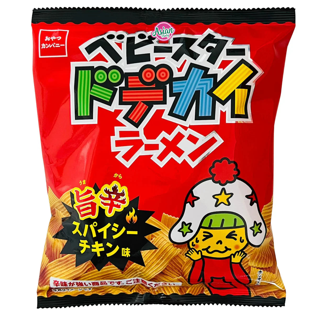 Front-facing portrait image of the Oyatsu Baby Star Ramen Snack Spicy Taiwan Mazasoba bag, fully sealed, with the bold spicy-themed design clearly visible against a clean white background.