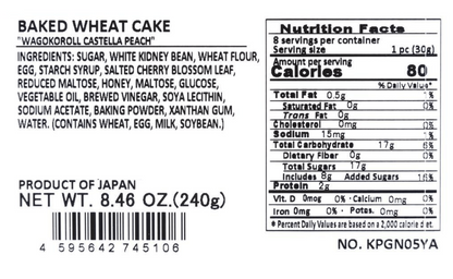 A zoomed-in close-up of the nutrition label from the PENGUIN Wagokoroll Peach Castella Cake 8.46 oz package, clearly shown against a white background.
