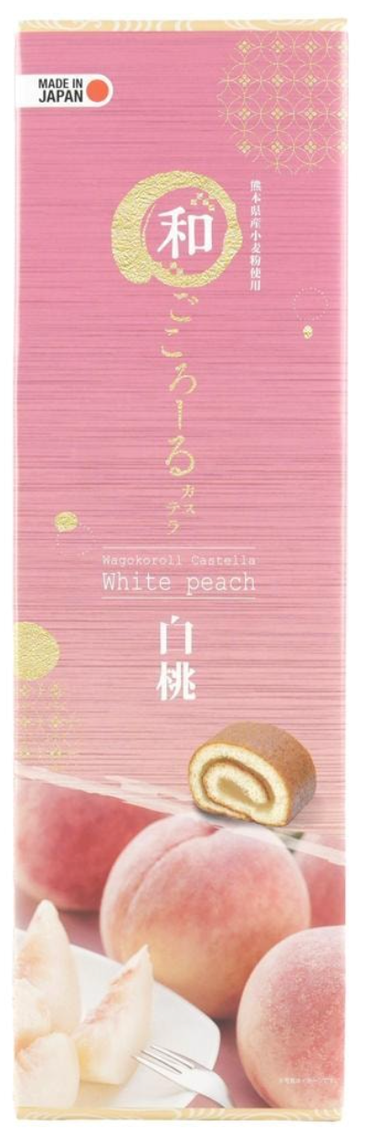 A front-facing portrait image of the closed PENGUIN Wagokoroll Peach Castella Cake 8.46 oz package on a white background, featuring the peach-themed design clearly on the front.