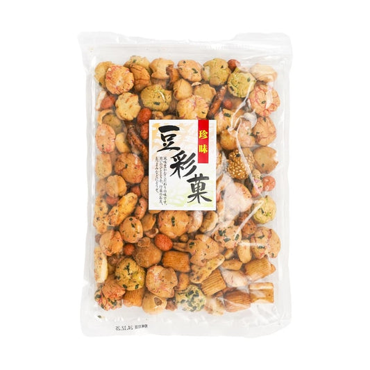 Front-facing image of POPPO NUTS Nuts Bean Snack & Arare Rice Cracker Mix 9.17 oz, shown in a closed portrait bag with full front graphics on a clean white background.
