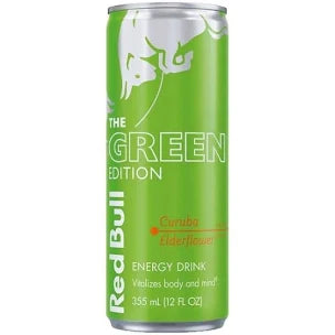A front-facing portrait image of the Red Bull Japan Energy Drink Green Edition 355ml can on a clean white background, showing the green tropical-themed design.