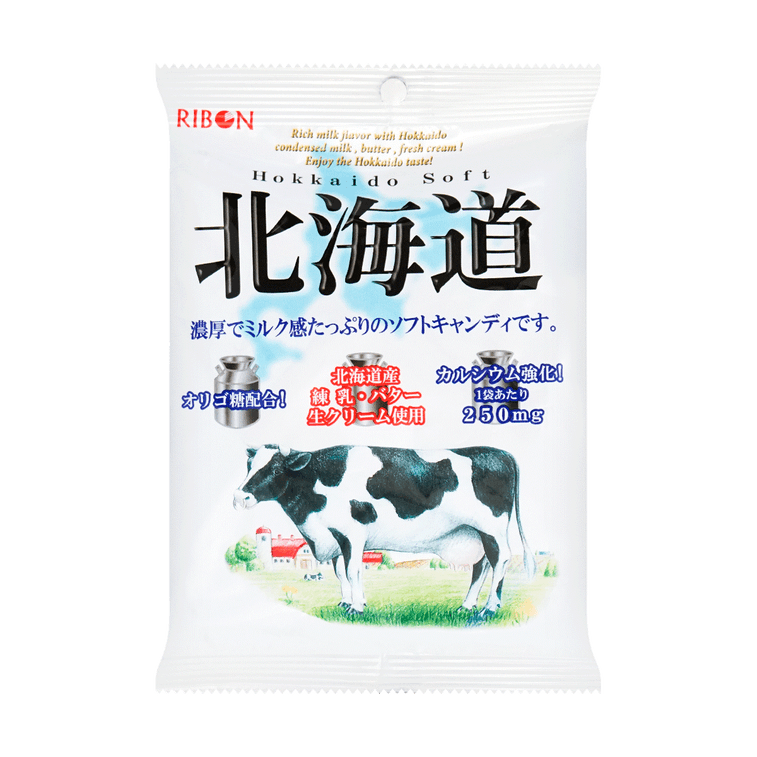 Front-facing image of the RIBON Hokkaido Farm Milk Soft Candy 3.8 oz bag, sealed and upright, showing the full front design and graphics against a clean white background.