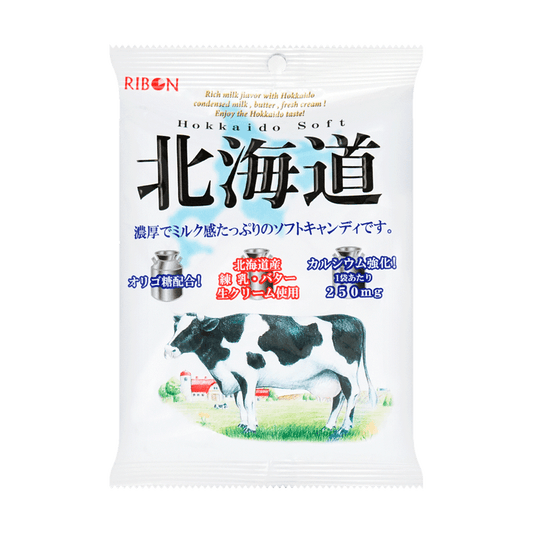 Front-facing image of the RIBON Hokkaido Farm Milk Soft Candy 3.8 oz bag, sealed and upright, showing the full front design and graphics against a clean white background.