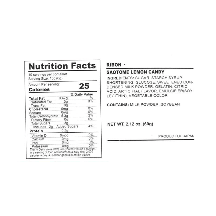 A clear, straight-on close-up of the nutrition label from the RIBON Saotome Lemon Candy pouch, displayed against a white background for easy readability.