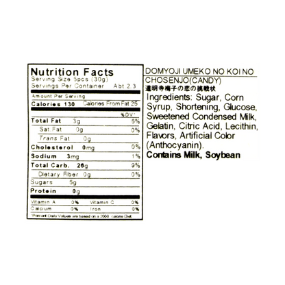 A straight-on, close-up image of the nutrition label from the RIBON Domyoji Umeko Plum Candy pouch, shown clearly on a white background for easy readability.