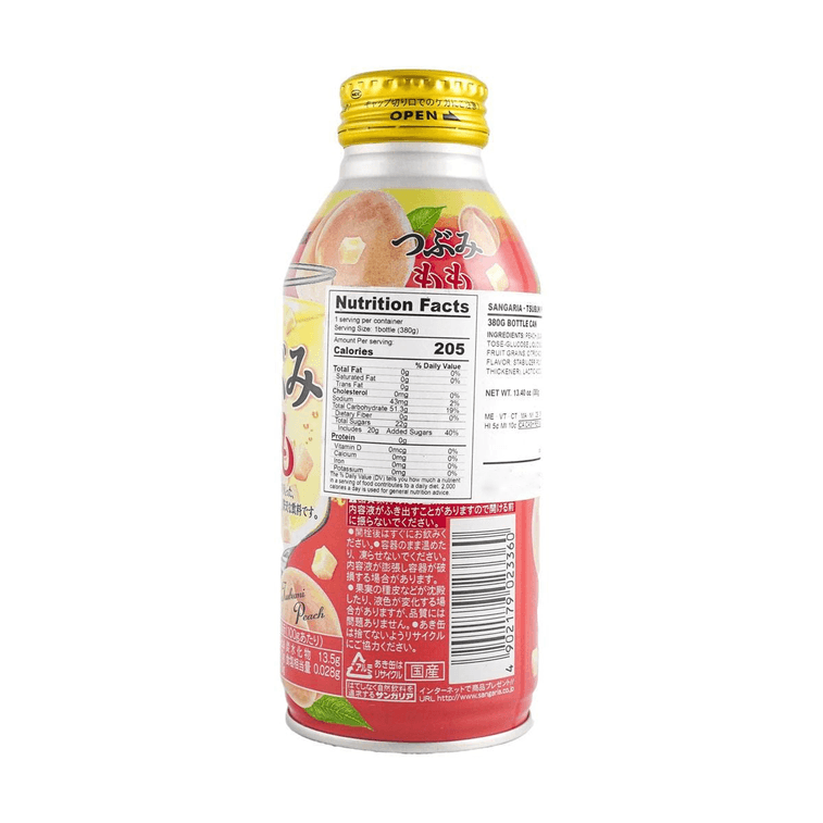 Straight-on back view of the complete SANGARIA Peach Juice 380g bottle, fully visible from top to bottom against a white background with a faint shadow.