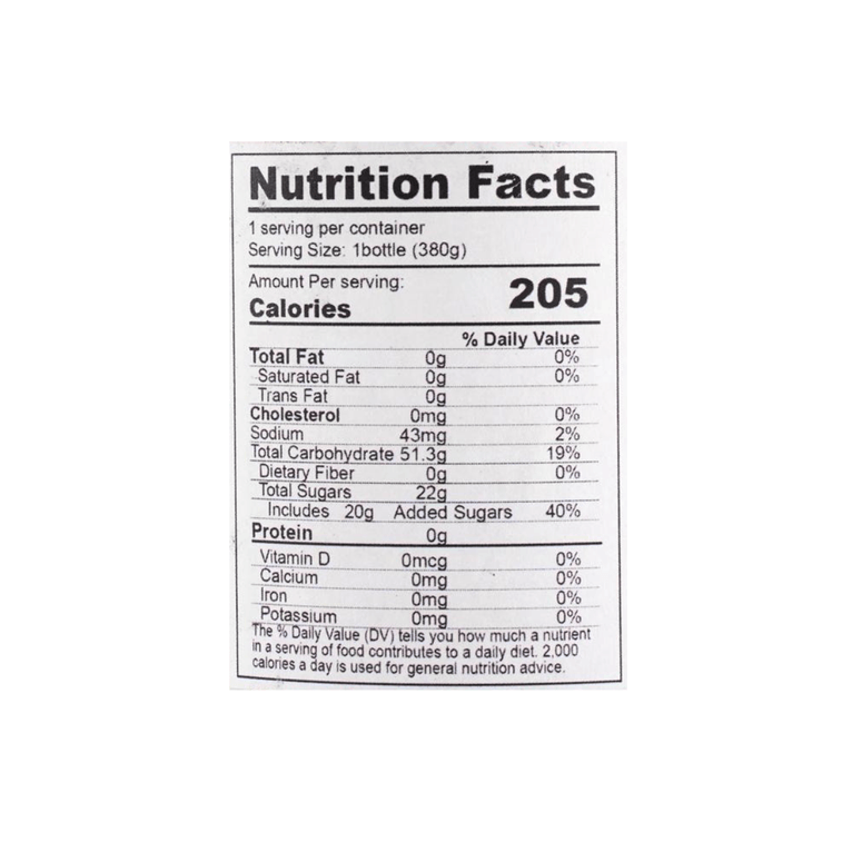 Tightly cropped close-up of the SANGARIA Peach Juice nutrition label, photographed straight on against a clean white background with clear text and no bottle edges visible.