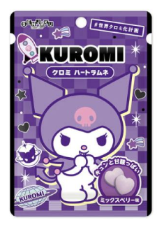 Front-facing image of SENJAKU Kuromi heart-shaped ramune candy, showing a closed 32 g pouch with cute Kuromi graphics displayed flat on a white background.