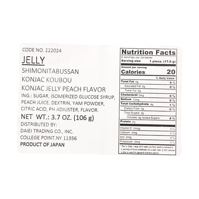 Close-up straight-on image of the SHIMONITA Peach Konjac Jelly nutrition label displayed clearly against a white background, showing all nutritional details in full.