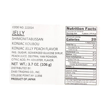 Close-up straight-on image of the SHIMONITA Peach Konjac Jelly nutrition label displayed clearly against a white background, showing all nutritional details in full.