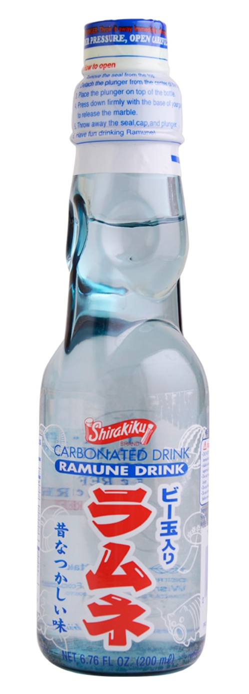 Front-facing view of the closed SHIRAKIKU original ramune drink 6.76 fl oz bottle, shown upright against a clean white background.