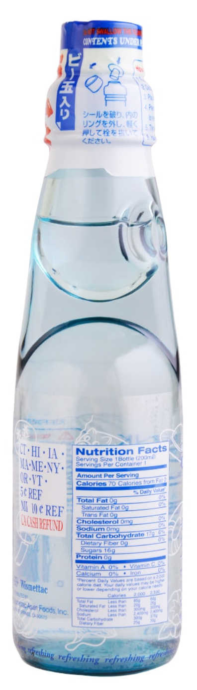 Back view of the SHIRAKIKU original ramune drink 6.76 fl oz bottle, displayed vertically with the bottle sealed on a white background.