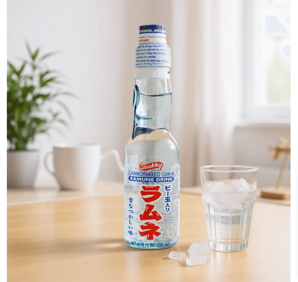 Image showing the SHIRAKIKU original ramune drink outside of its bottle, highlighting its appearance and texture.